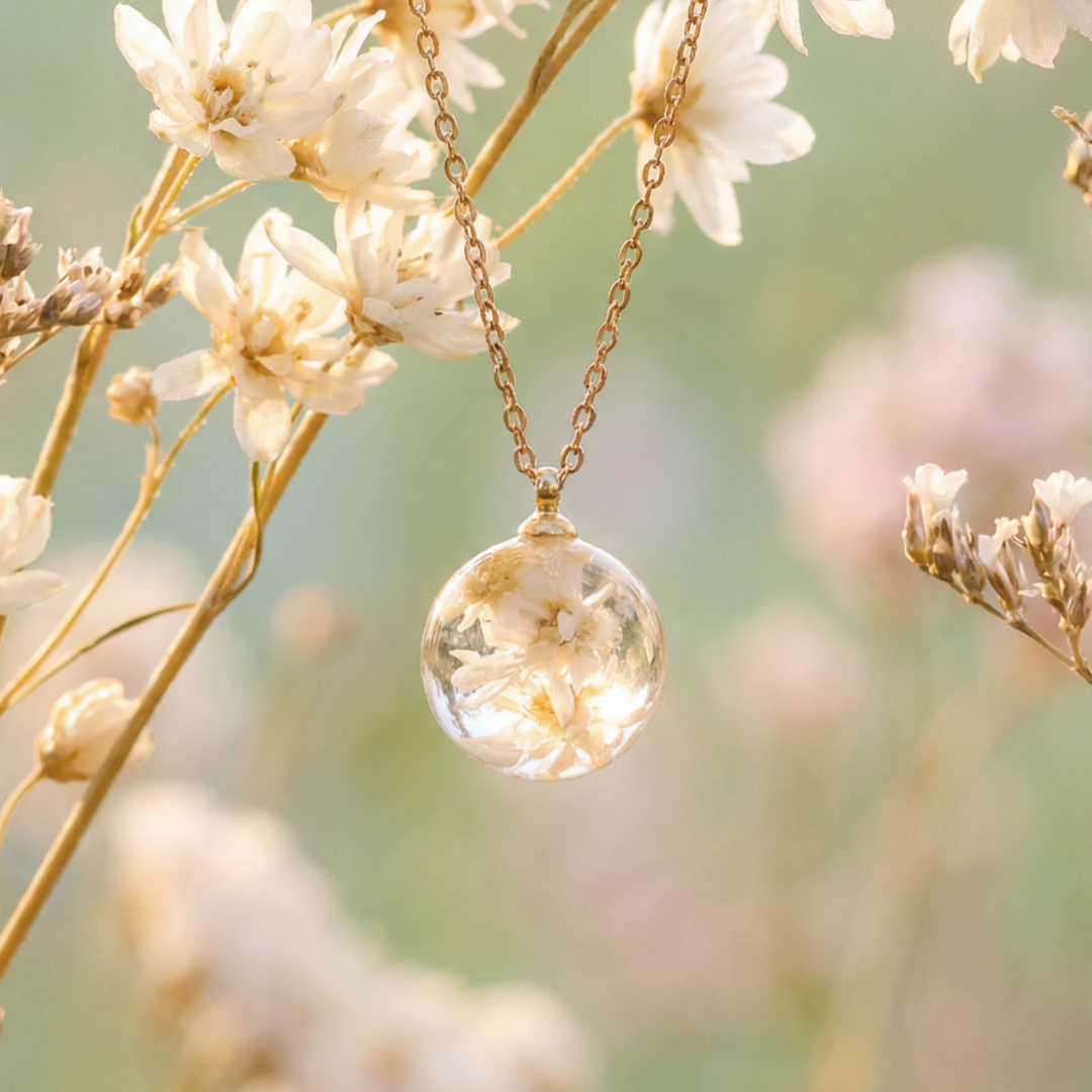 Collana BOLLA in acciaio inox con sfera in resina e fiori di Glixia bianca