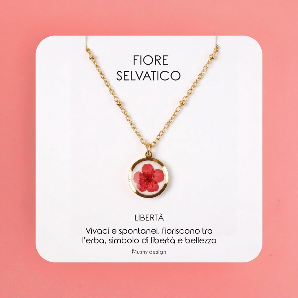 Collana in acciaio inossidabile e ciondolo in resina con fiore rosso