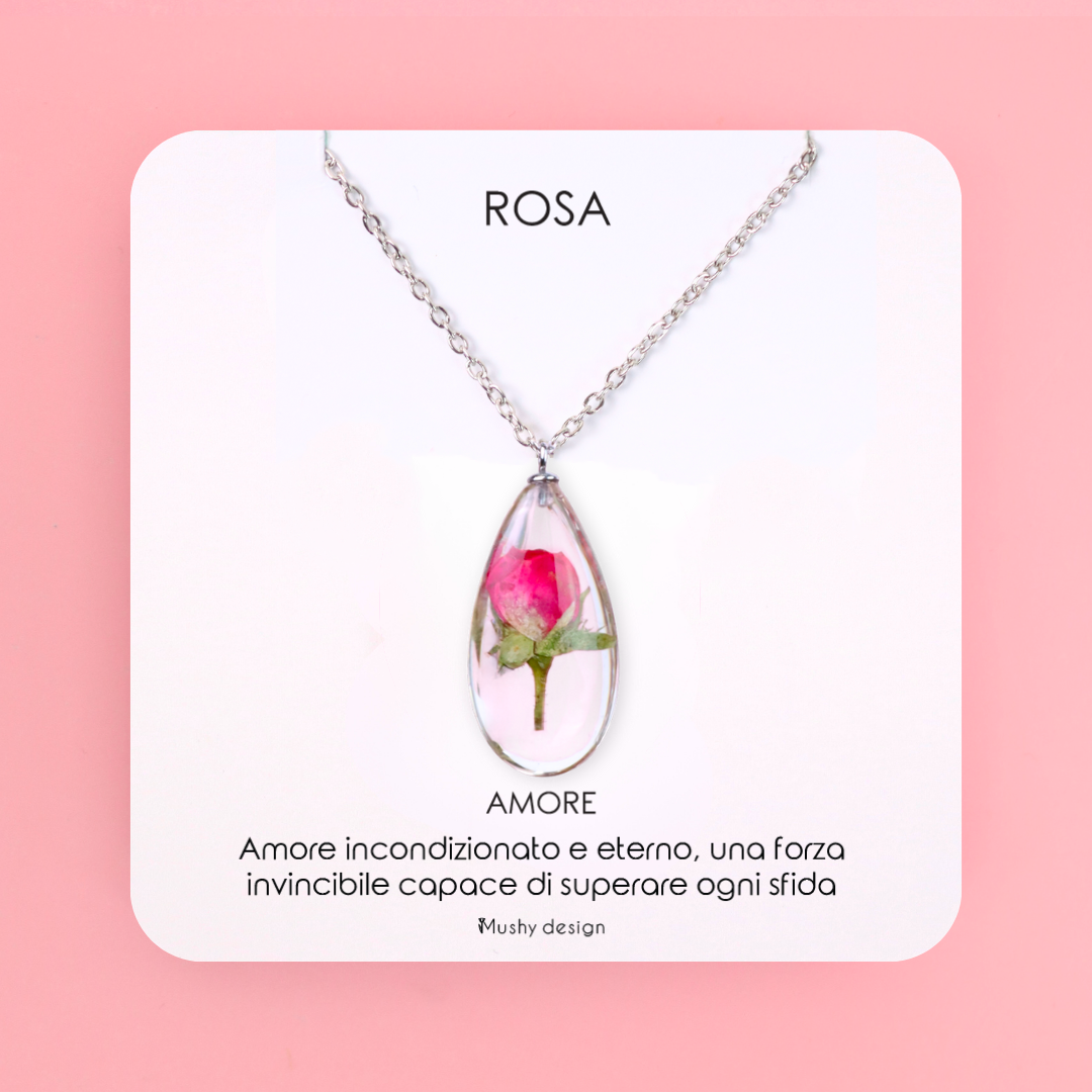 Collana in Resina con Fiore di Rosa Rossa - RUGIADA, Acciaio Inox