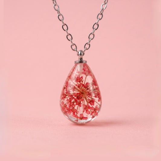 Collana RUGIADA in acciaio inossidabile e ciondolo in resina con Carota selvatica rosso
