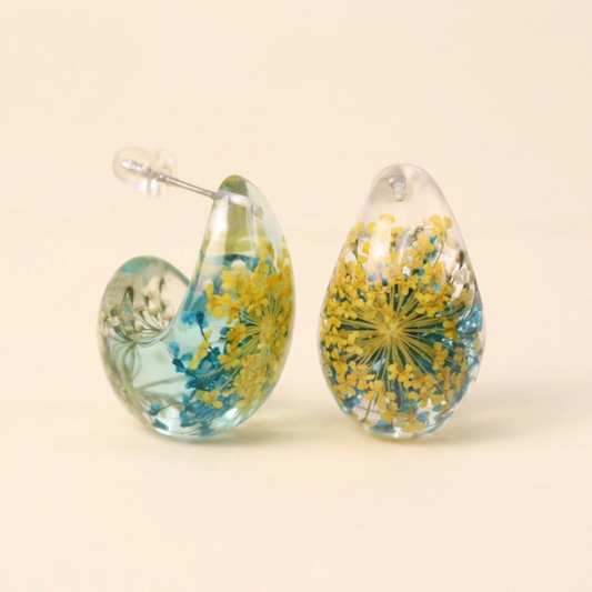 Orecchini a bottone a forma di goccia dupe in resina con fiori veri Pizzo della regina Anna giallo e azzurro