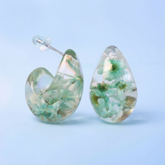 Orecchini a bottone a forma di goccia dupe in resina con fiori veri Glixia verde