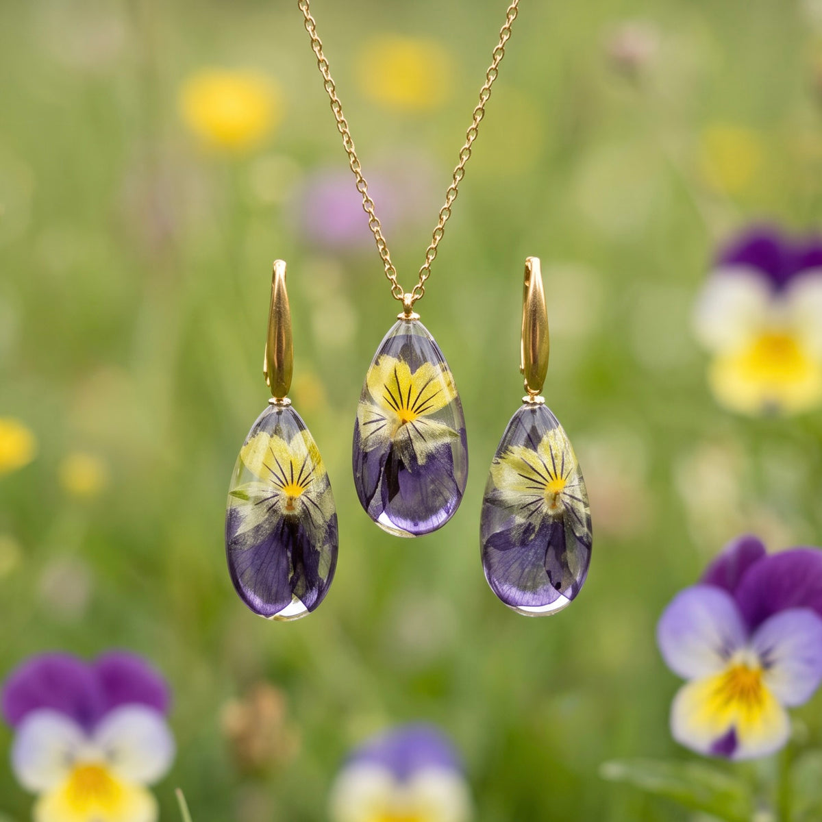 Parure Viola del Pensiero – Collana e Orecchini in Acciaio Inossidabile