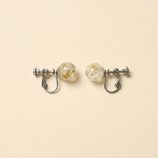 Orecchini a Clip in Resina con Fiori Veri Glixia Bianca – Lobo Senza Foro, Acciaio Inox