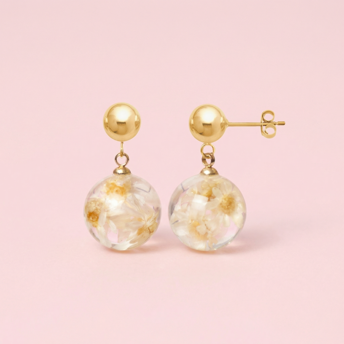 Paio di orecchini BOLLE - sfere pendenti con fiore vero Glixia bianco e montatura acciaio inox