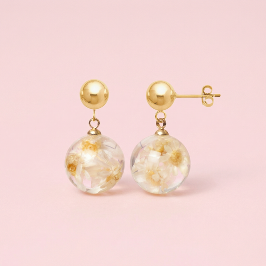 Paio di orecchini BOLLE - sfere pendenti con fiore vero Glixia bianco e montatura acciaio inox