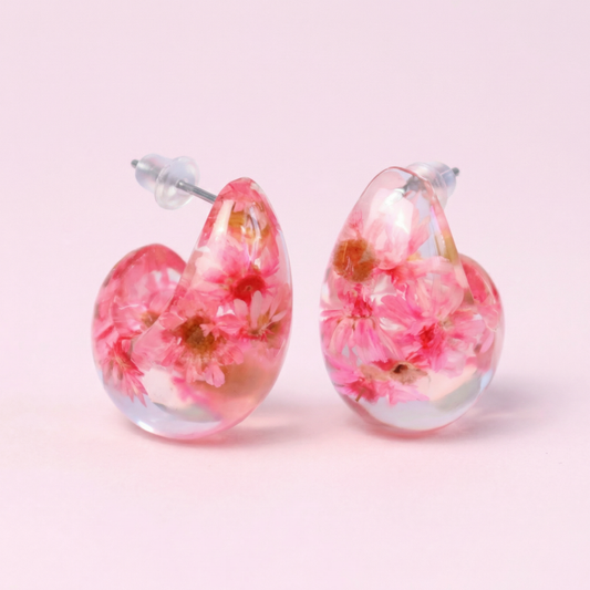 Orecchini a bottone a forma di goccia dupe in resina con fiori veri Glixia rosa