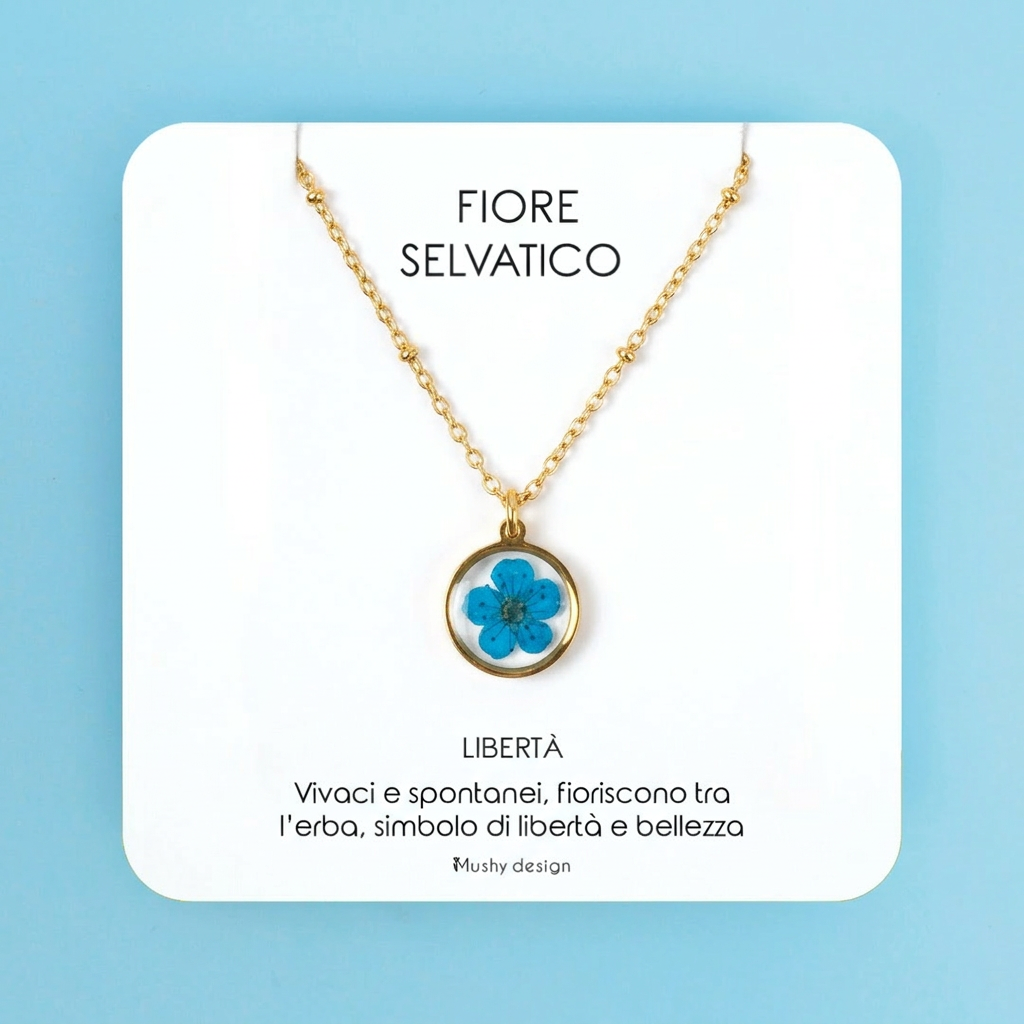 Collana in acciaio inossidabile e ciondolo in resina con fiore blu