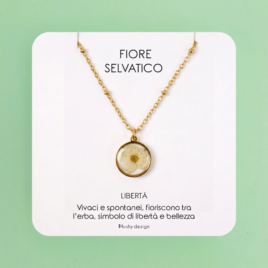 Collana in acciaio inossidabile e ciondolo in resina con fiore selvatico bianco