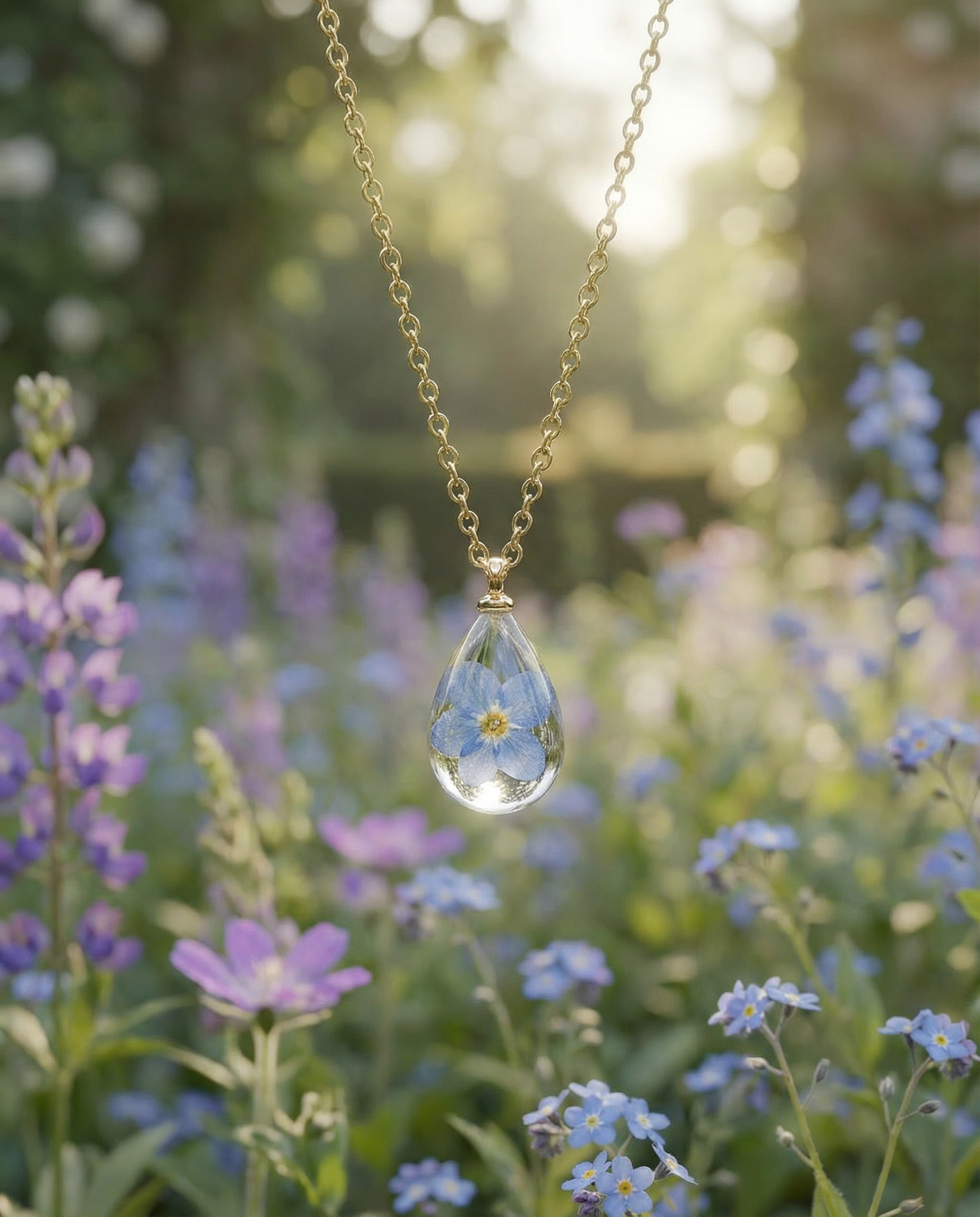 Collana RUGIADA in acciaio inossidabile e ciondolo in resina con Nontiscordardimé