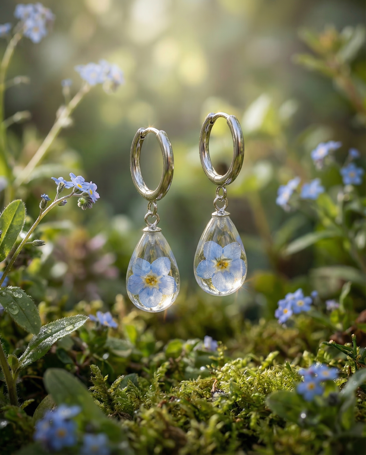 Paio di orecchini RUGIADA pendenti acciaio inox con Nontiscordardimé preservato nella resina