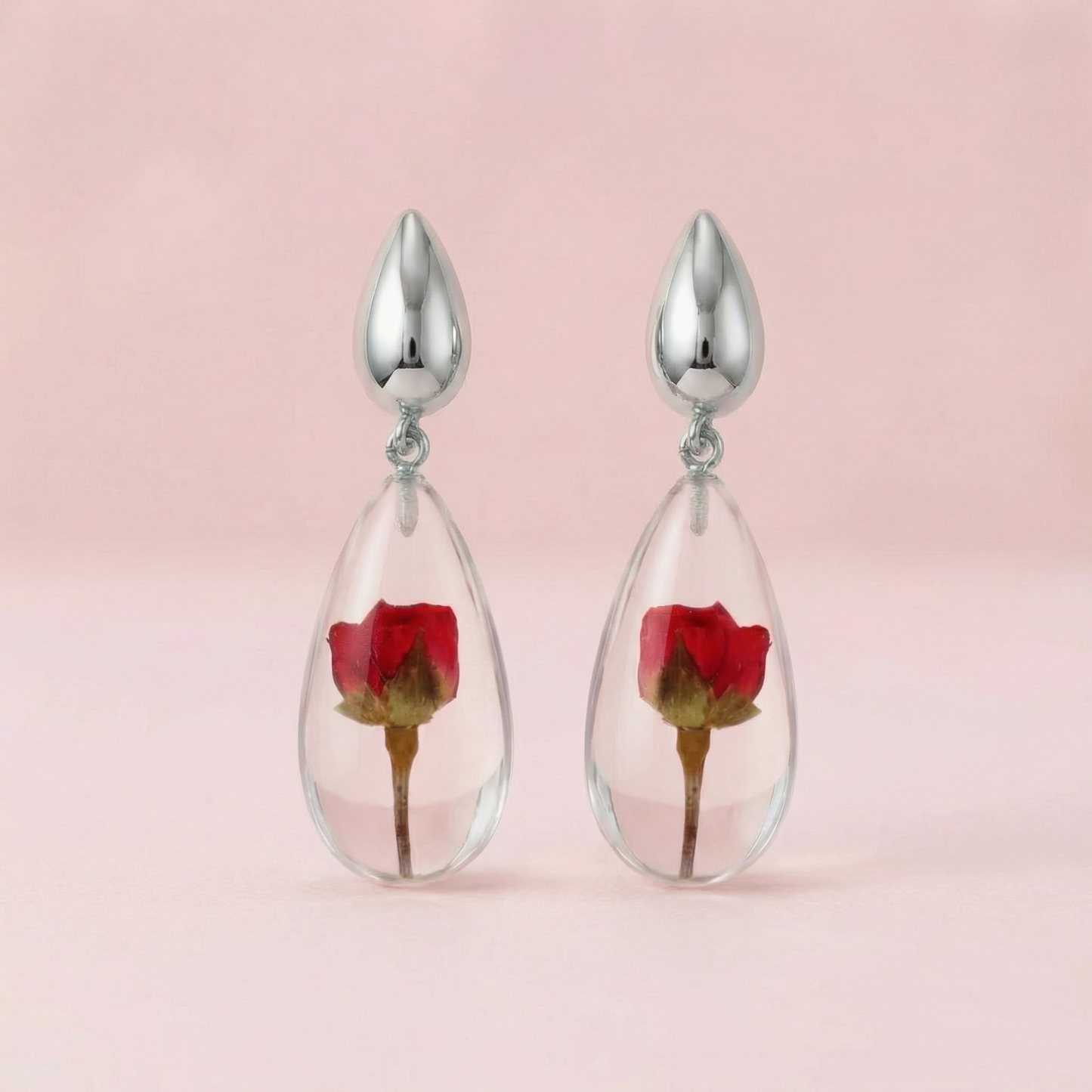 Orecchini Pendenti in Resina con Fiori Veri di Rosa rossa - RUGIADA, Acciaio Inox