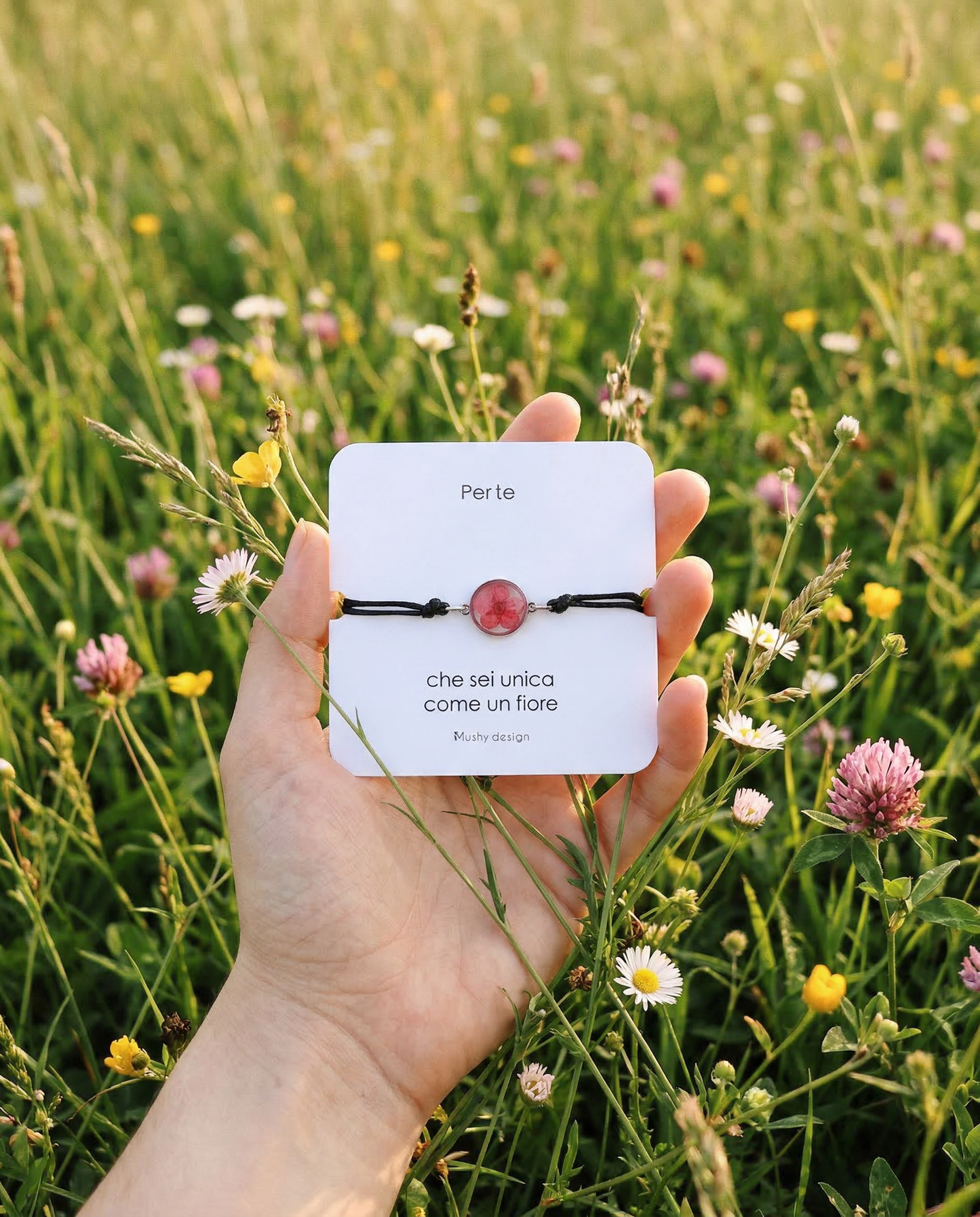 Bracciale regolabile in cordoncino e ciondolo in acciaio inox con Spirea magenta intersecata nella resina