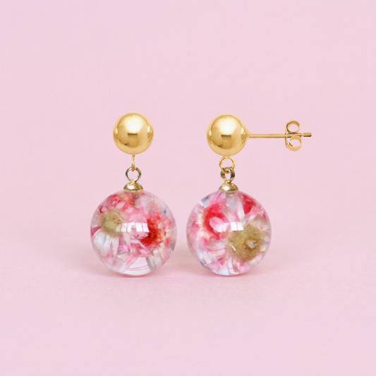 Paio di orecchini BOLLE - sfere pendenti con fiore vero Glixia rosa e montatura acciaio inox