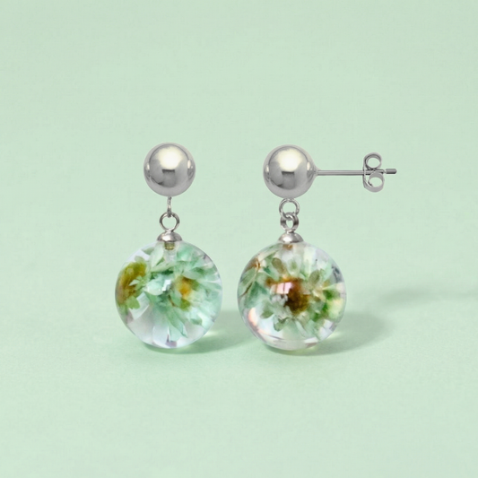 Paio di orecchini BOLLE - sfere pendenti con fiore vero Glixia verde e montatura acciaio inox