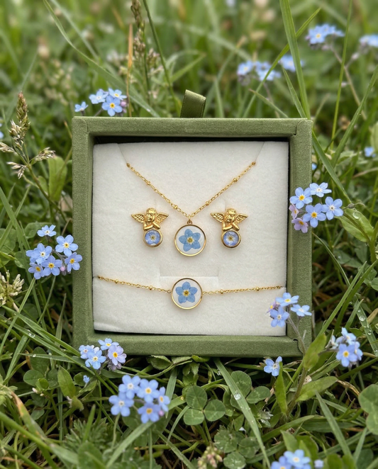 Parure collana + orecchini + bracciale in acciaio inossidabile e ciondolo in resina con Nontiscordardimé