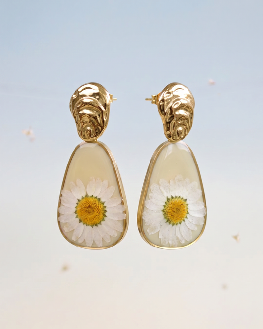Orecchini Pendenti in Resina con Fiori Veri di Margherita - Acciaio Inox anallergico dorato