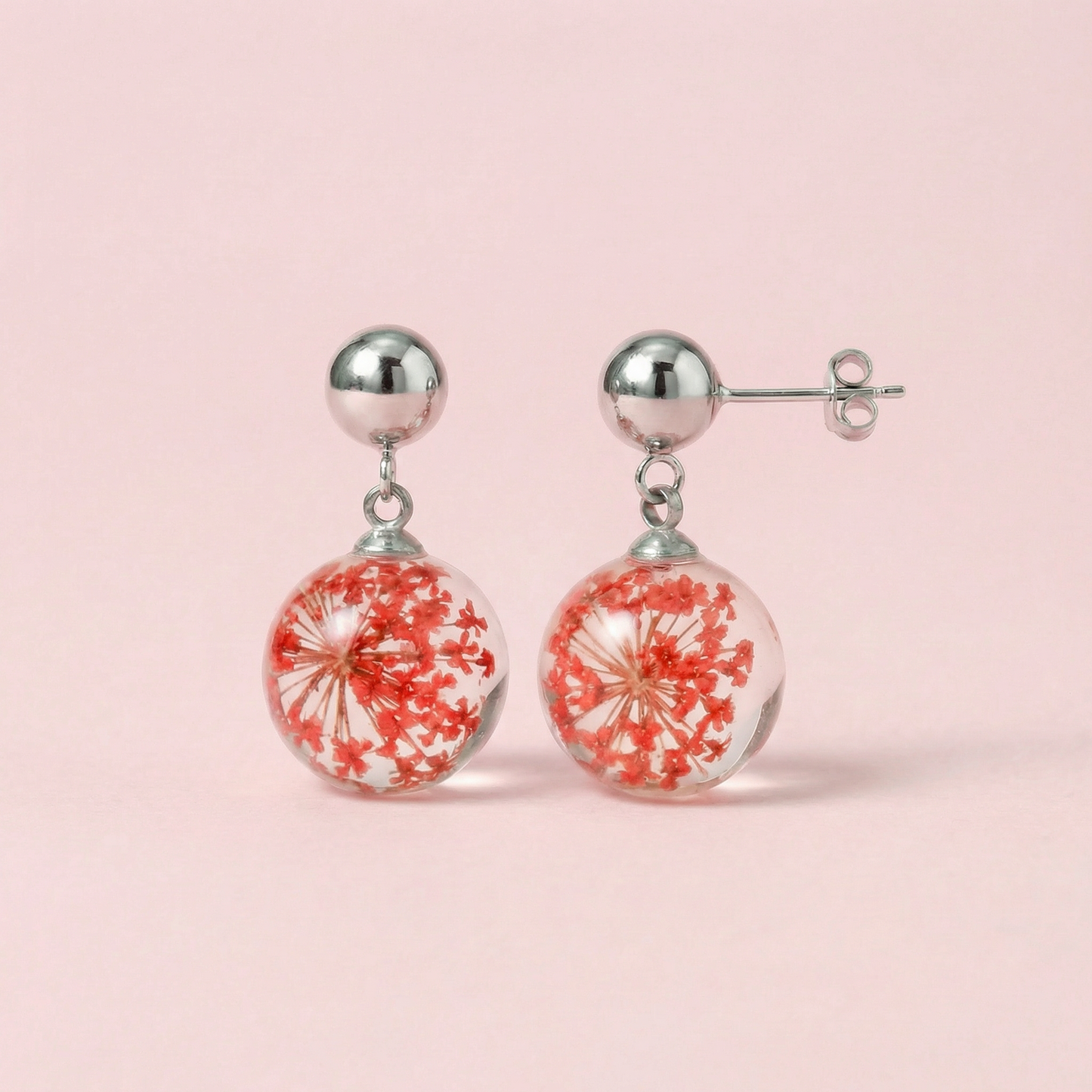 Paio di orecchini BOLLE - sfere pendenti con fiore vero Carota selvatica rosso e montatura acciaio inox (Copia)
