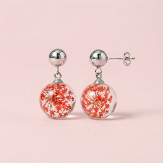 Paio di orecchini BOLLE - sfere pendenti con fiore vero Carota selvatica rosso e montatura acciaio inox (Copia)
