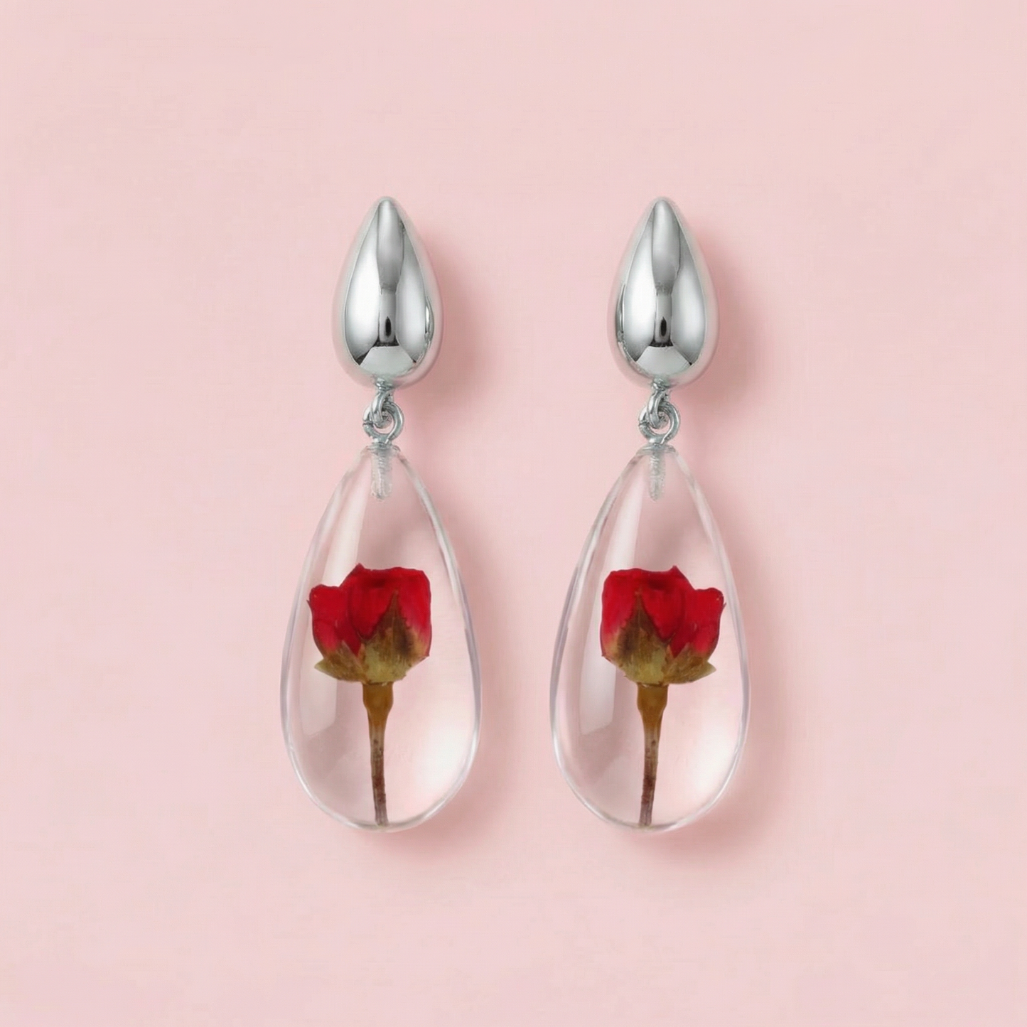 Orecchini Pendenti in Resina con Fiori Veri di Rosa rossa - RUGIADA, Acciaio Inox