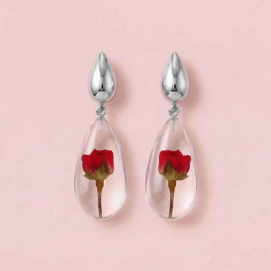 Orecchini Pendenti in Resina con Fiori Veri di Rosa rossa - RUGIADA, Acciaio Inox