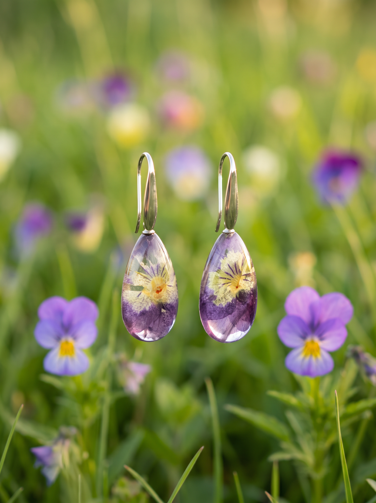 Orecchini pendenti RUGIADA in Resina con Viola del Pensiero