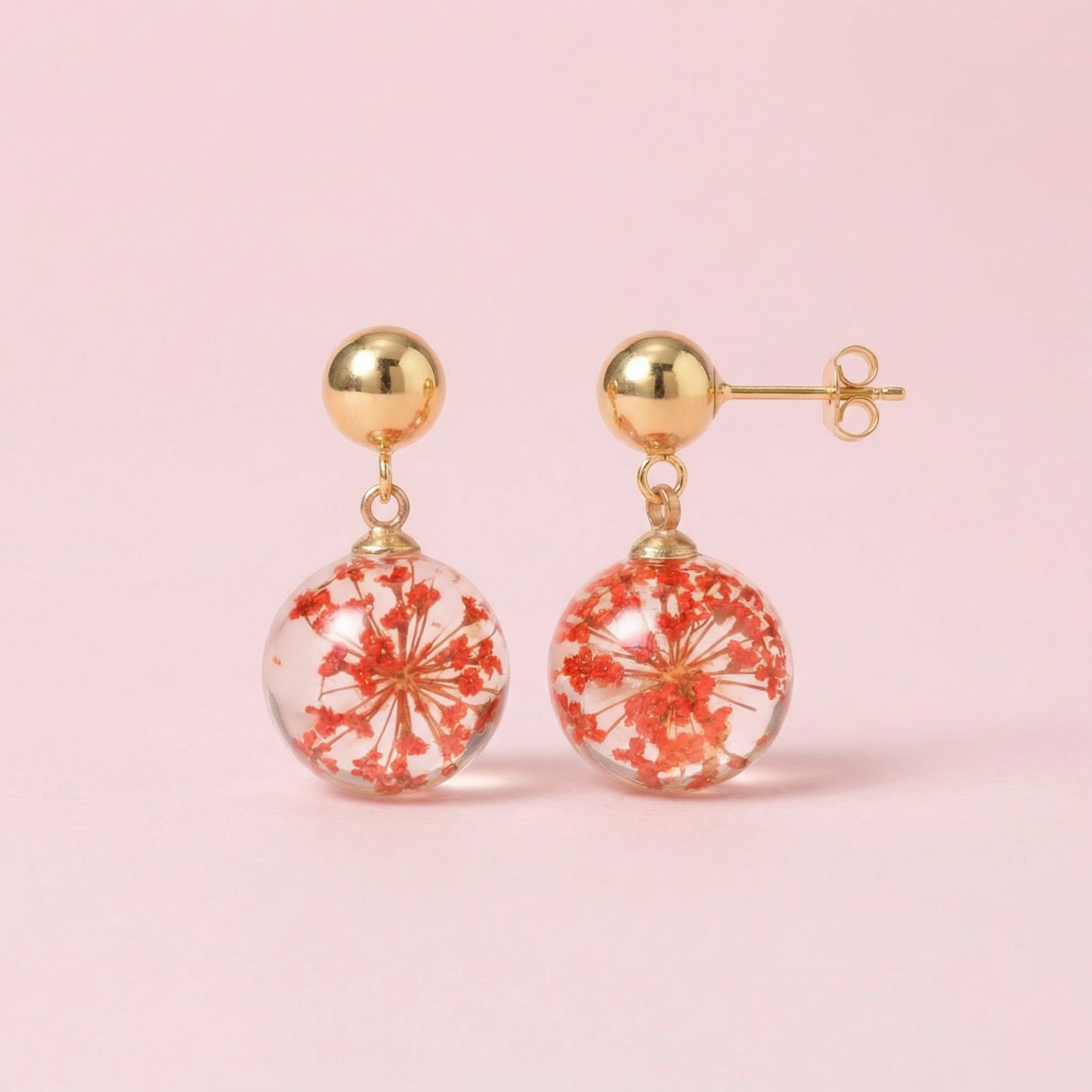 Paio di orecchini BOLLE - sfere pendenti con fiore vero Carota selvatica rosso e montatura acciaio inox (Copia)