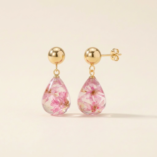 Orecchini Pendenti in Resina con Fiori Veri di Glixia rosa - RUGIADA, Acciaio Inox