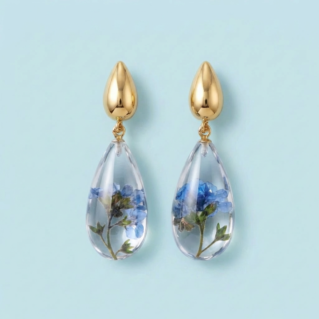 Orecchini Pendenti in Resina con Fiori Veri di Nontiscordardimé - RUGIADA, Acciaio Inox