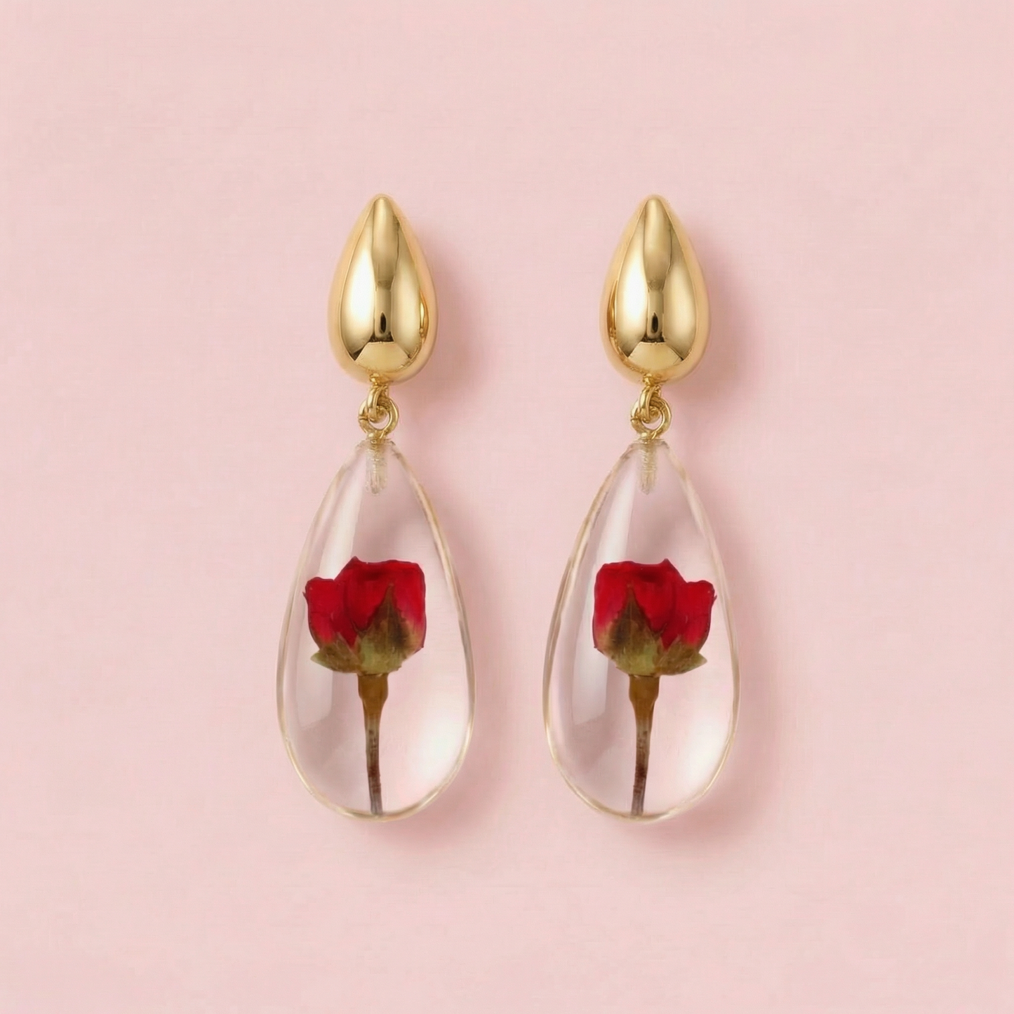 Orecchini Pendenti in Resina con Fiori Veri di Rosa rossa - RUGIADA, Acciaio Inox
