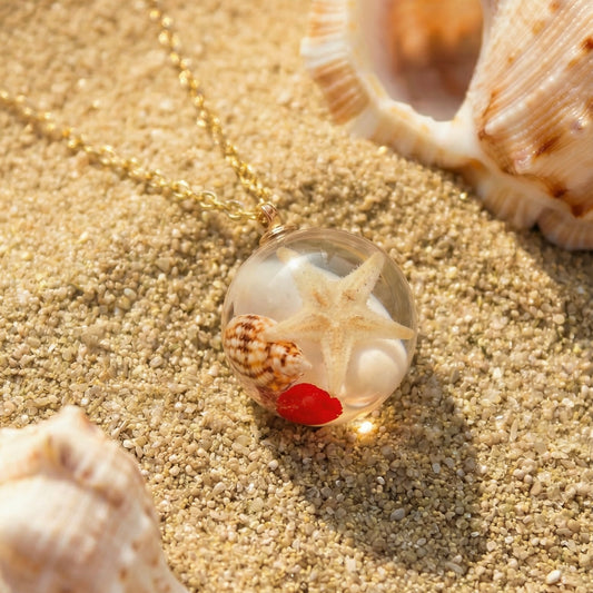 Collana BOLLA con Conchiglie vere e sassolini rossi in acciaio inossidabile