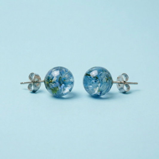 Orecchini a lobo in Resina con Fiori Veri Glixia blu – Acciaio Inox