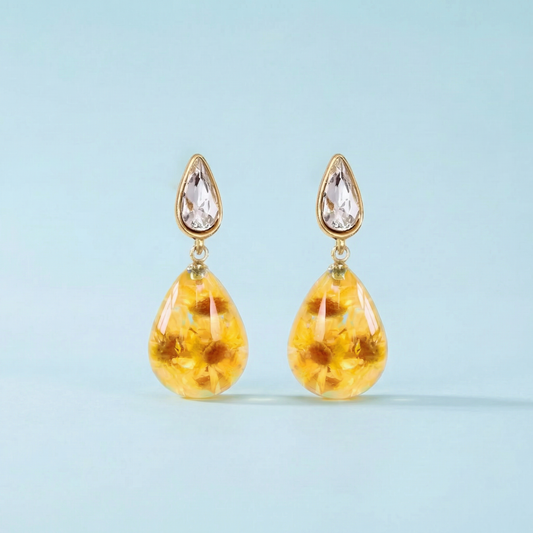 Orecchini Pendenti in Resina con Fiori Veri di Glixia gialla - RUGIADA, Acciaio Inox