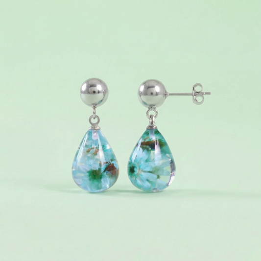 Orecchini Pendenti in Resina con Fiori Veri di Glixia verde - RUGIADA, Acciaio Inox