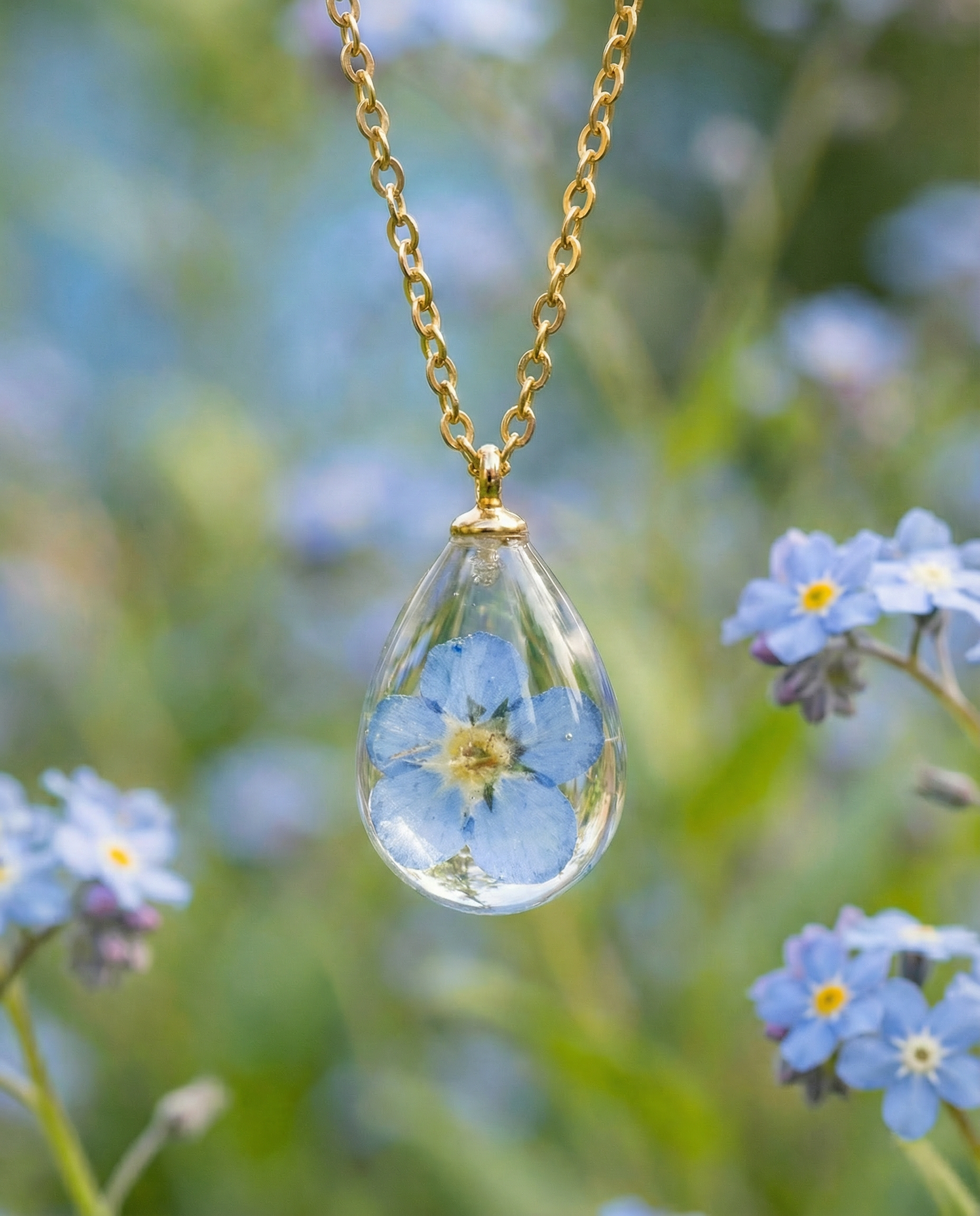 Collana RUGIADA in acciaio inossidabile e ciondolo in resina con Nontiscordardimé