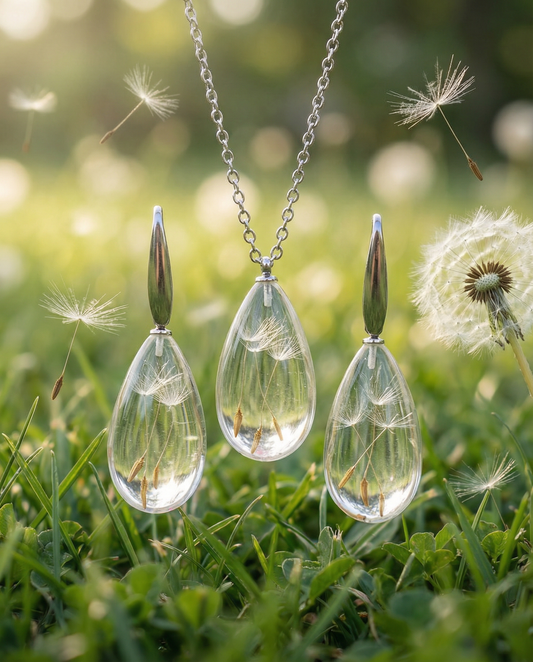 Parure collana e orecchini in acciaio inossidabile e ciondolo in resina con fiore di Soffione