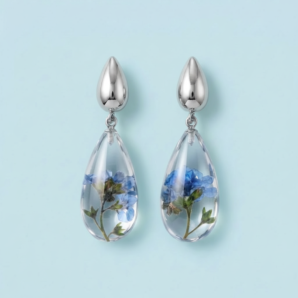 Orecchini Pendenti in Resina con Fiori Veri di Nontiscordardimé - RUGIADA, Acciaio Inox