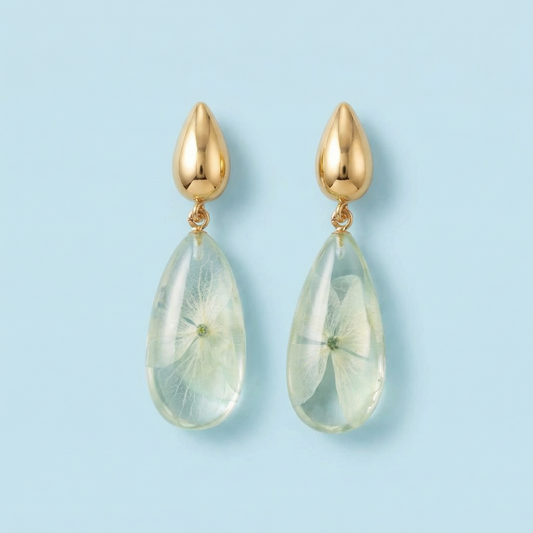 Orecchini Pendenti in Resina con Fiori Veri di Ortensia azzurra - RUGIADA, Acciaio Inox