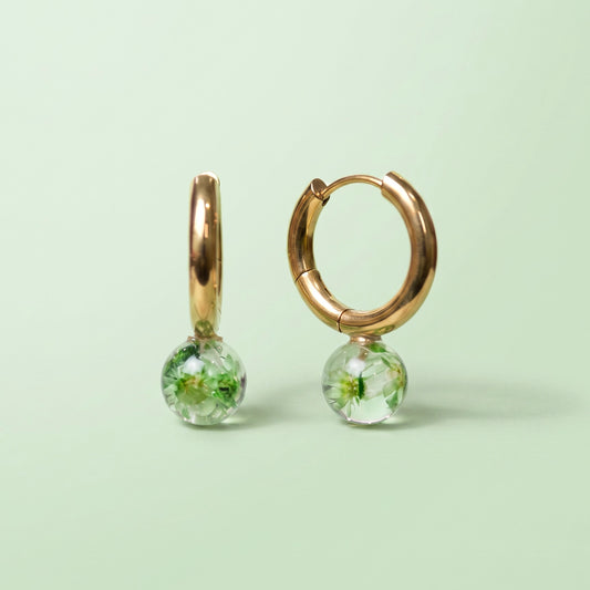Orecchini a cerchio in acciaio inox con fiore Glixia verde preservato nella resina