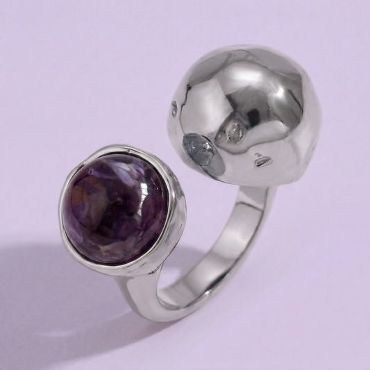 Anello PETRA regolabile in acciaio inox e fiore vero preservato nella resina GLIXIA viola
