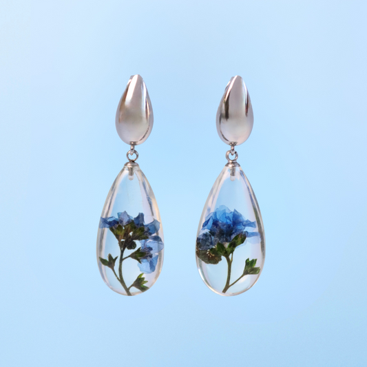 Orecchini Pendenti in Resina con Fiori Veri di Nontiscordardimé - RUGIADA, Acciaio Inox