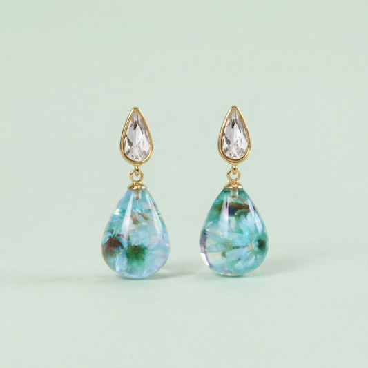 Orecchini Pendenti in Resina con Fiori Veri di Glixia verde - RUGIADA, Acciaio Inox