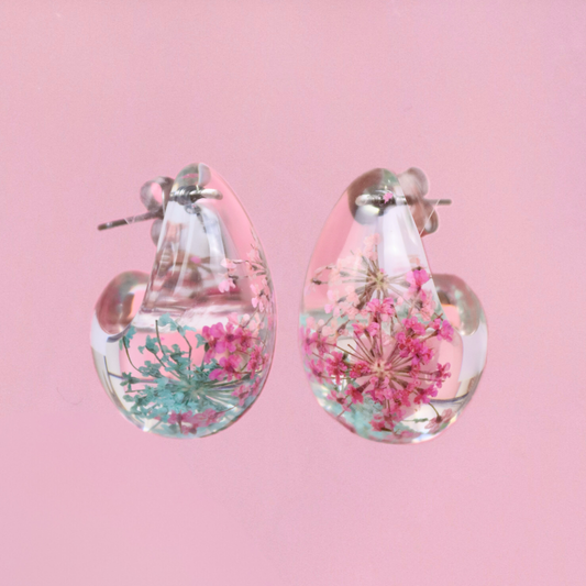 Orecchini a bottone a forma di goccia dupe in resina con fiori veri Pizzo della regina Anna rosa e azzurro