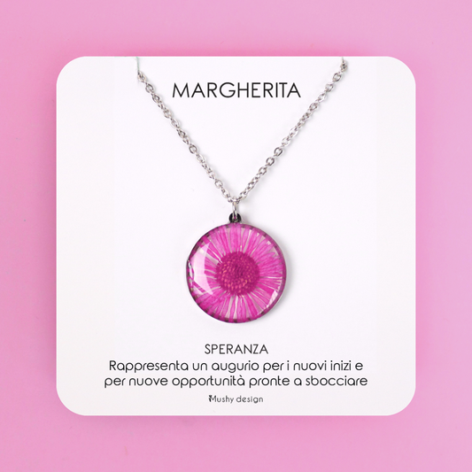 Collana in acciaio inossidabile e ciondolo in resina con Margherita fucsia