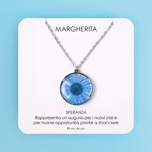 Collana in acciaio inossidabile e ciondolo in resina con Margherita blu