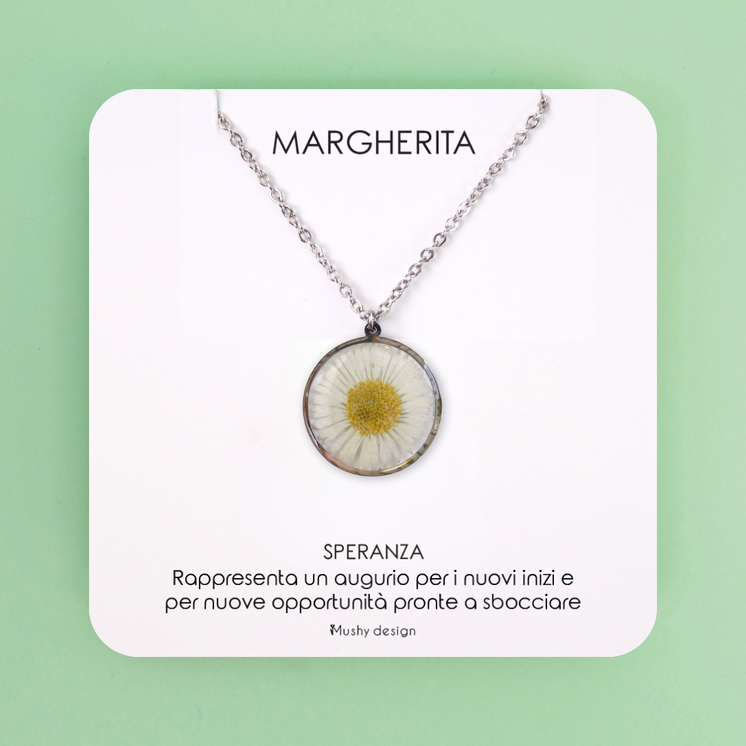 Collana in acciaio inossidabile e ciondolo in resina con Margherita mini