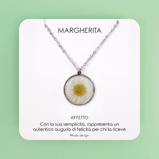Collana in acciaio inossidabile e ciondolo in resina con Margherita mini