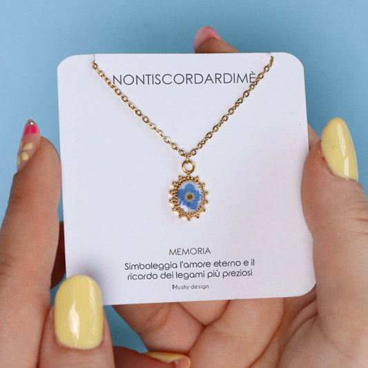 Collana cammeo con fiore Nontiscordardimé in acciaio inox