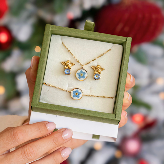 Parure collana + orecchini + bracciale in acciaio inossidabile e ciondolo in resina con Nontiscordardimé