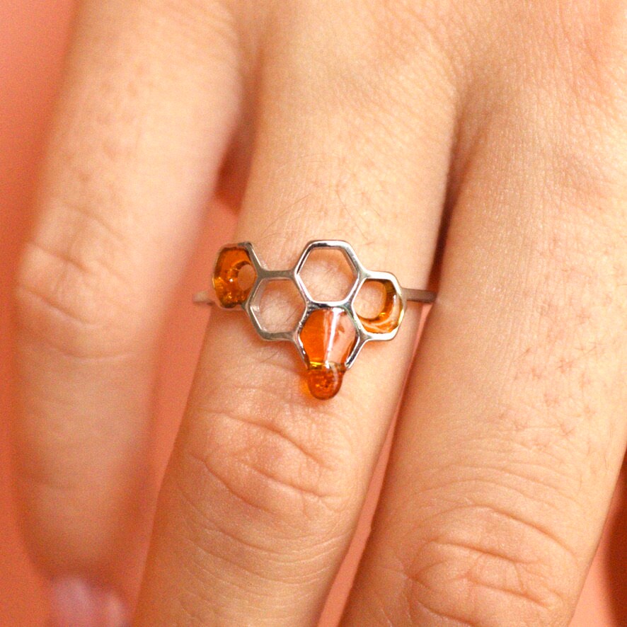 Anello alveare ape in acciaio inossidabile oro e miele in resina